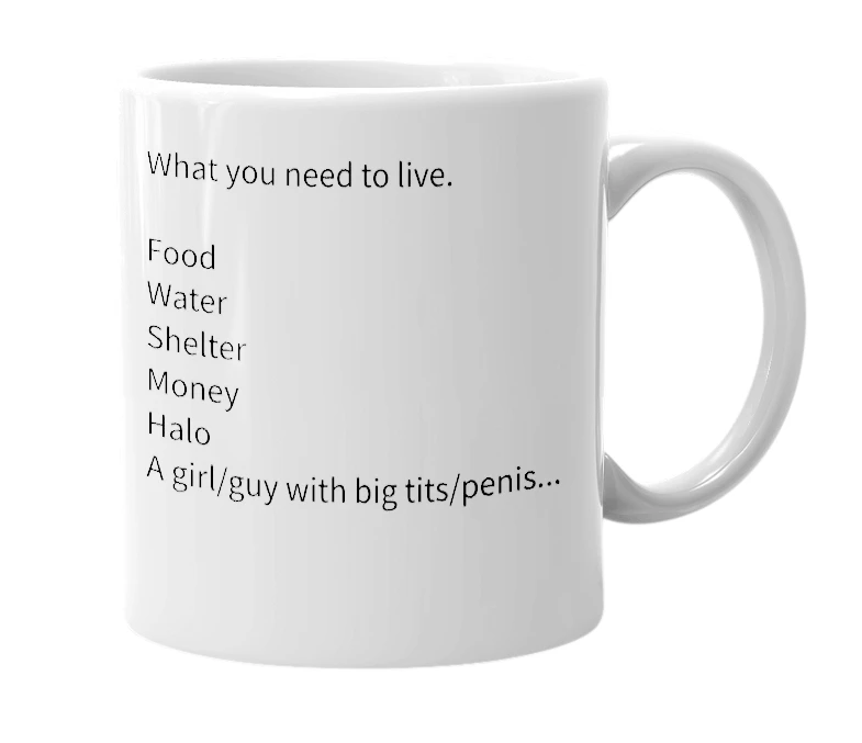 White mug with the definition of 'The basic necessities of life'