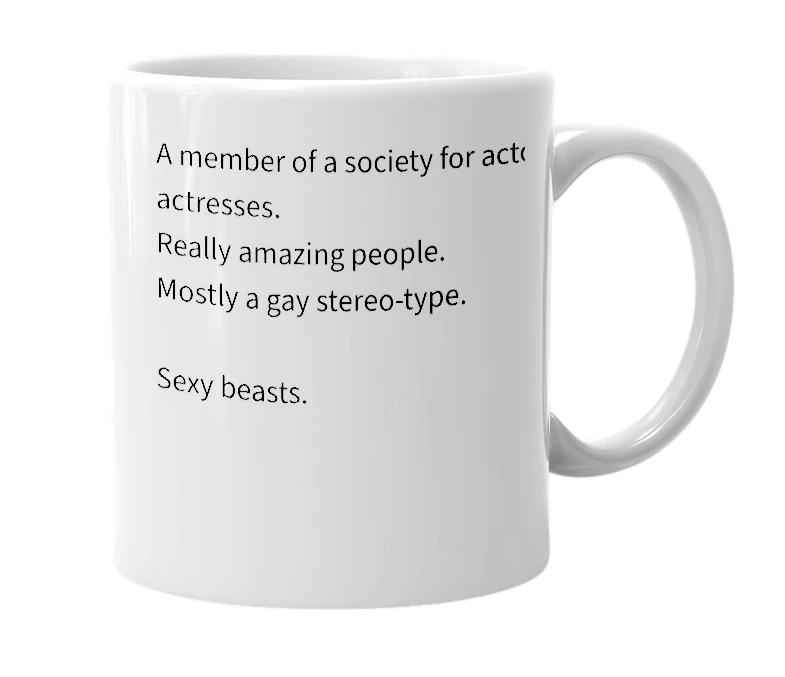 White mug with the definition of 'Thespian'