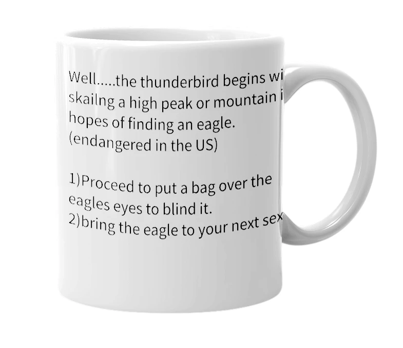 White mug with the definition of 'Thunderbird'