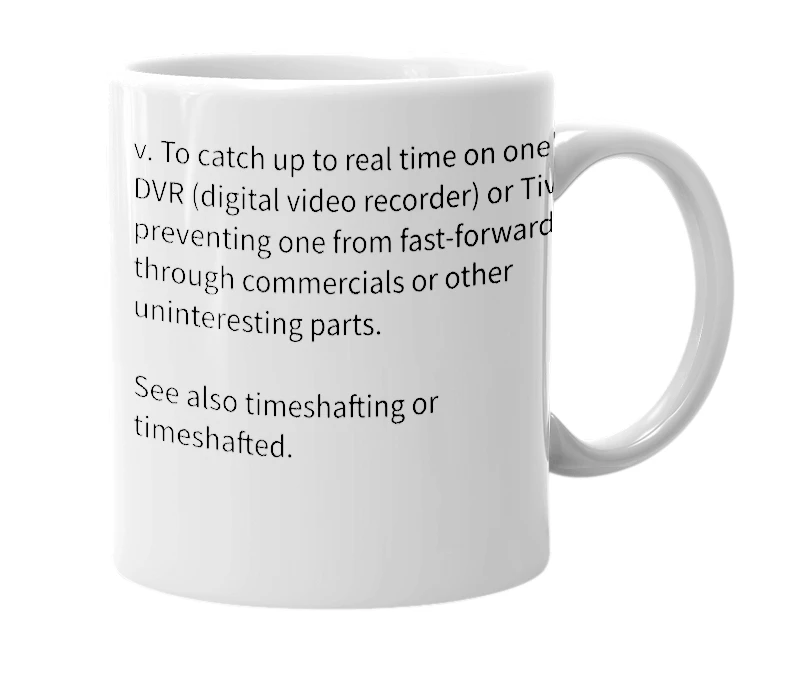 White mug with the definition of 'Timeshaft'