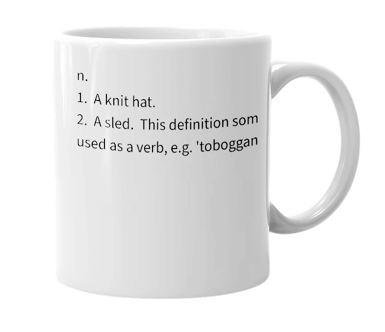 White mug with the definition of 'Toboggan'