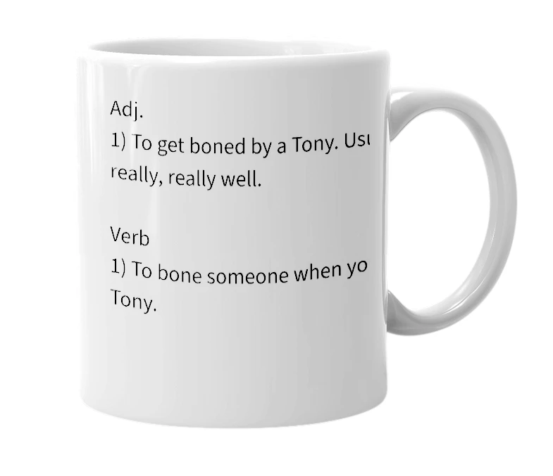 White mug with the definition of 'Toned'