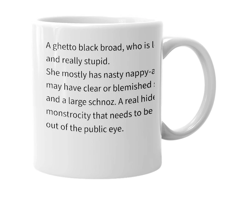 White mug with the definition of 'Transvestite Black Nofundo'