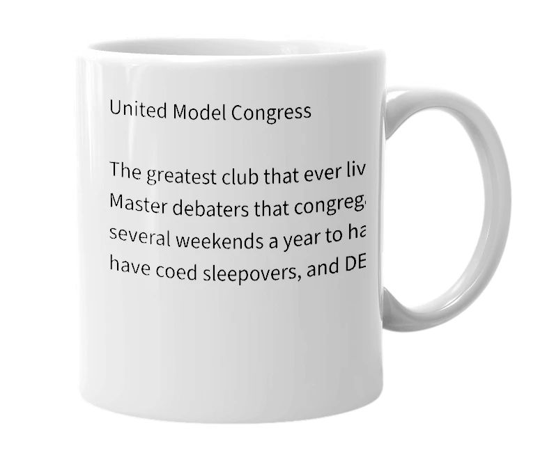 White mug with the definition of 'UMC'