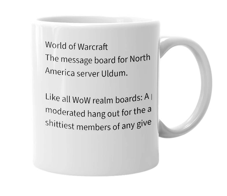 White mug with the definition of 'Uldum Realm Board'