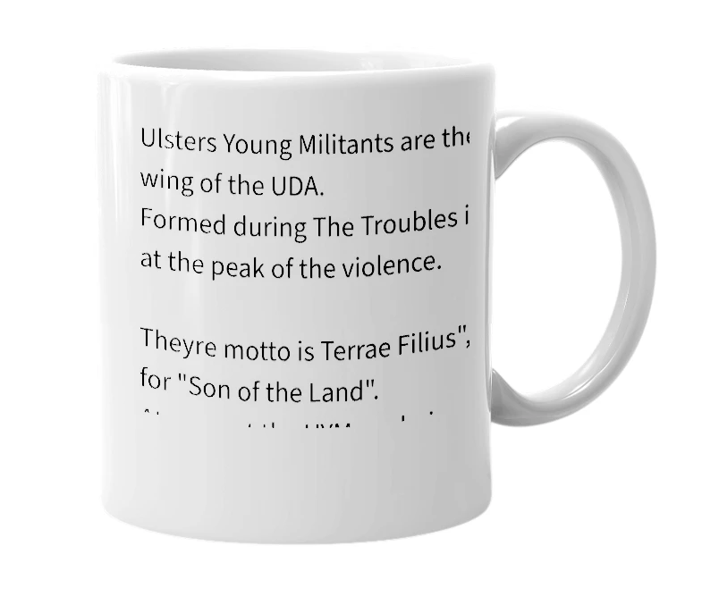 White mug with the definition of 'Ulster Young Militant'