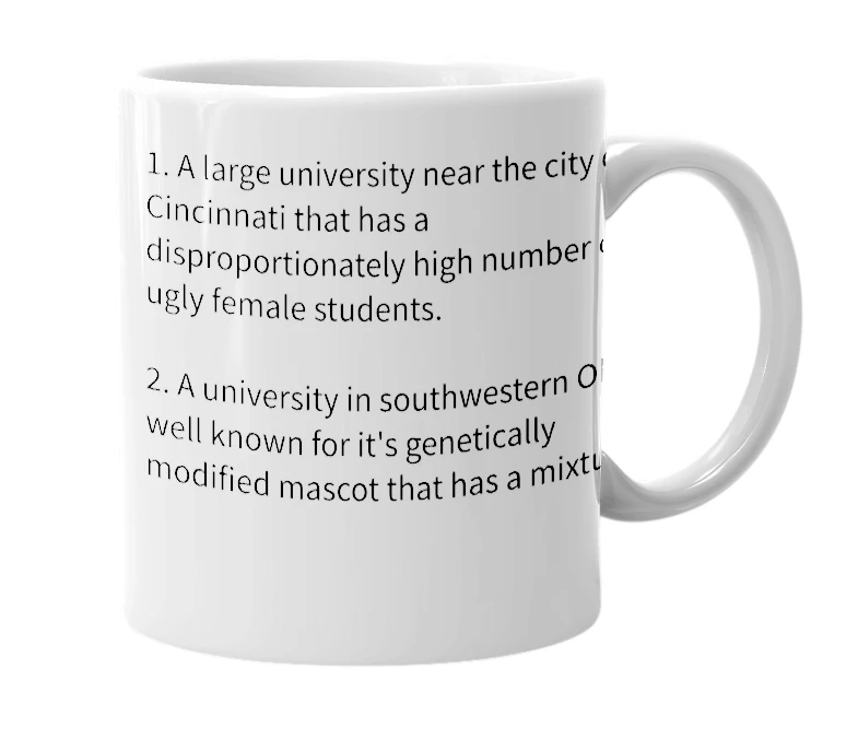 White mug with the definition of 'University of Cincinnati'