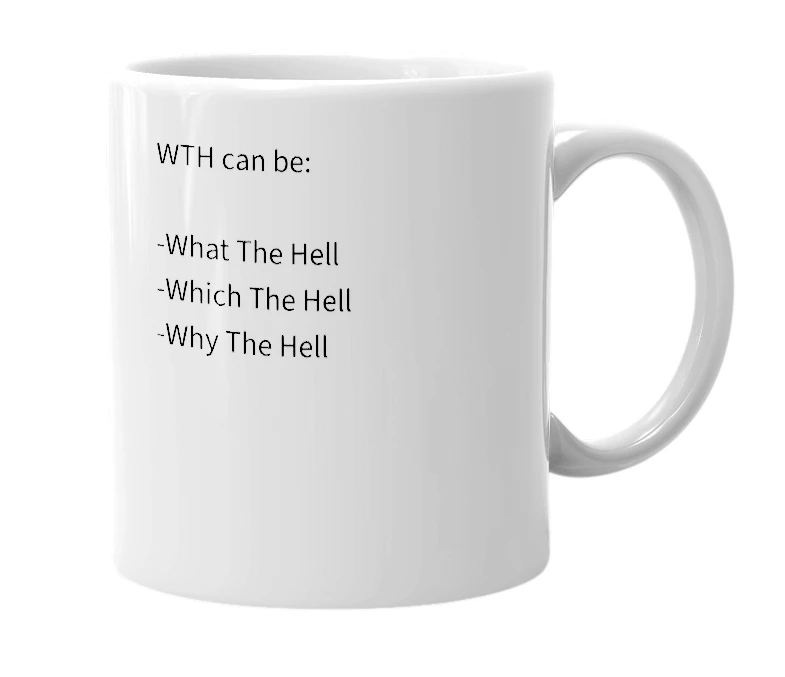 White mug with the definition of 'WTH'