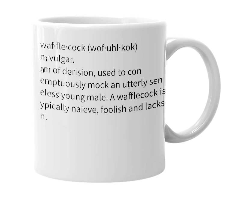 White mug with the definition of 'Wafflecock'