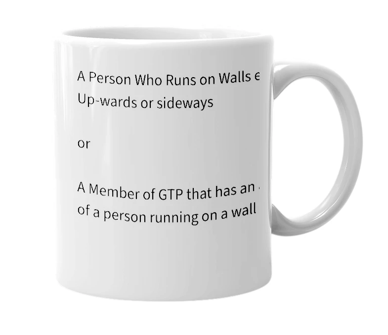 White mug with the definition of 'WallRunner'