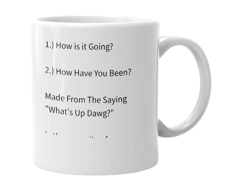 White mug with the definition of 'What's Down Cat?'