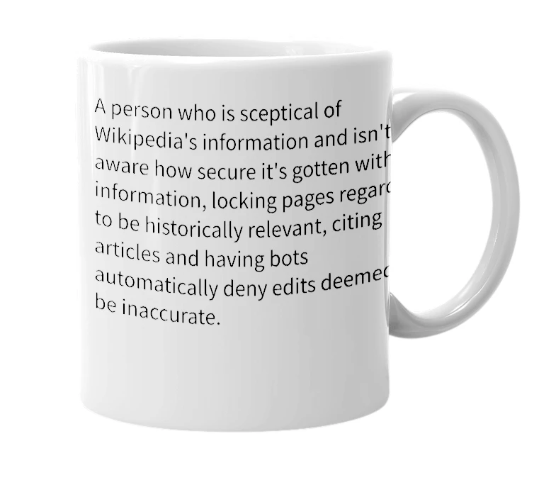 White mug with the definition of 'Wiki Sceptic'