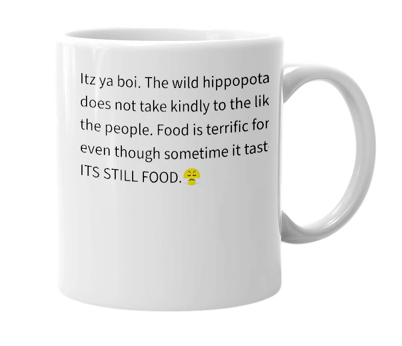 White mug with the definition of 'Wild Hippopotamus'