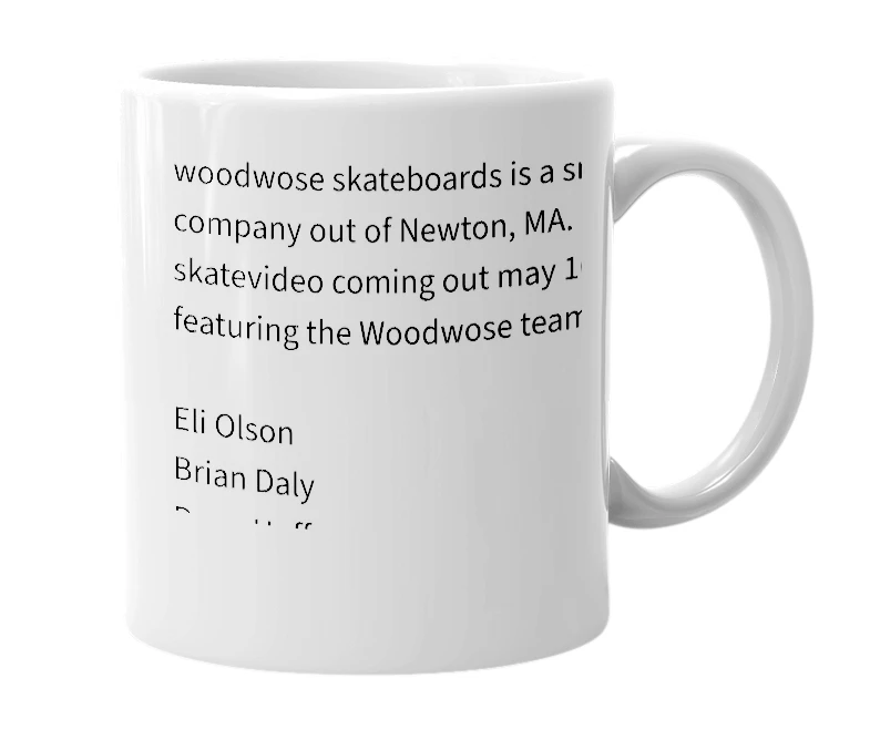 White mug with the definition of 'Woodwose Skateboards'