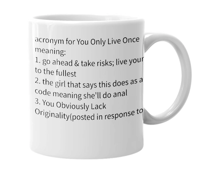 White mug with the definition of 'YOLO'
