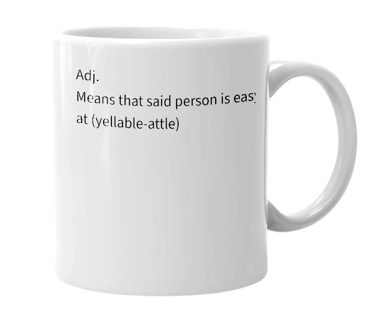 White mug with the definition of 'Yellableattle'