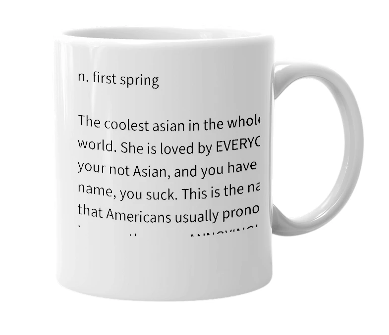 White mug with the definition of 'Yingchun'