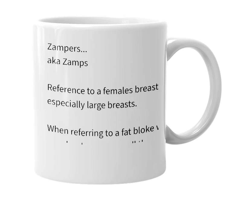 White mug with the definition of 'Zampers'