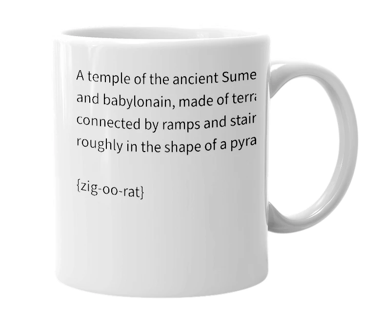 White mug with the definition of 'Ziggurat'