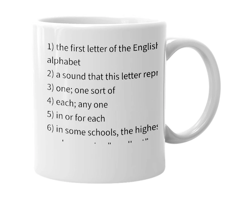 White mug with the definition of 'a'