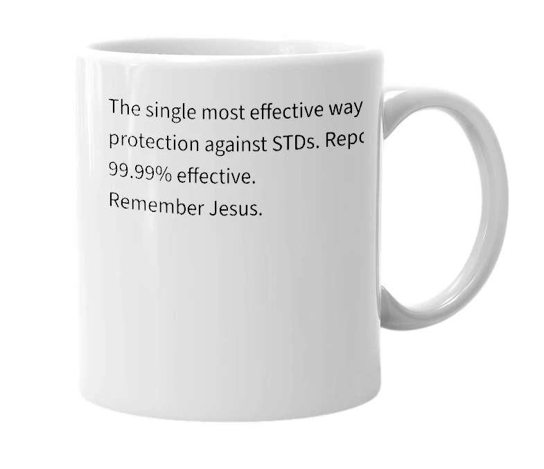 White mug with the definition of 'abstinence'