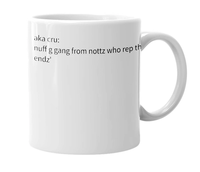White mug with the definition of 'aka cru'