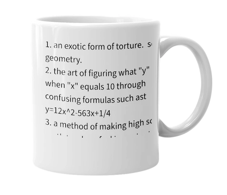 White mug with the definition of 'algebra'