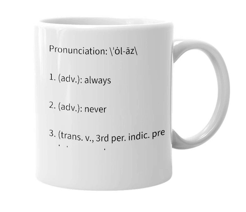 White mug with the definition of 'allays'