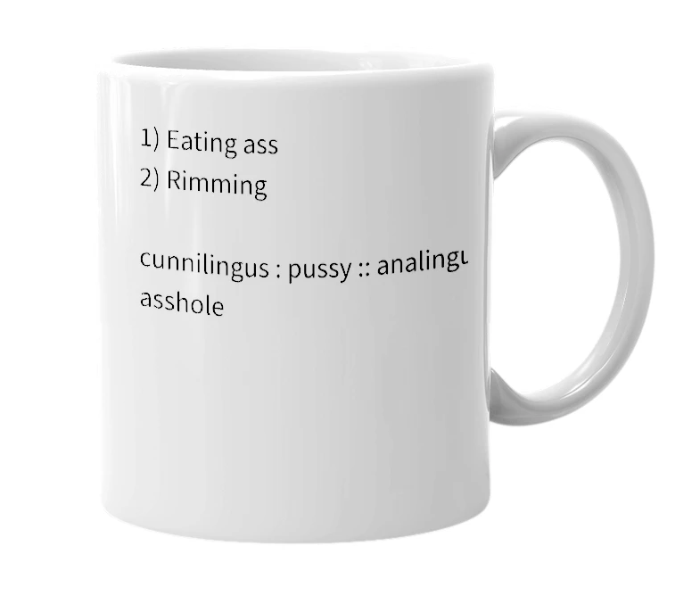 White mug with the definition of 'analingus'