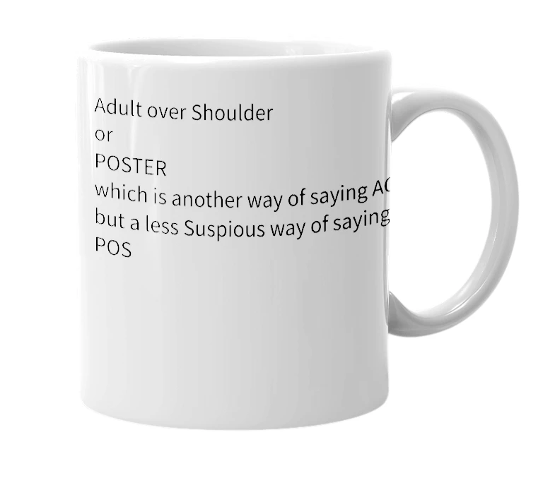 White mug with the definition of 'aos'