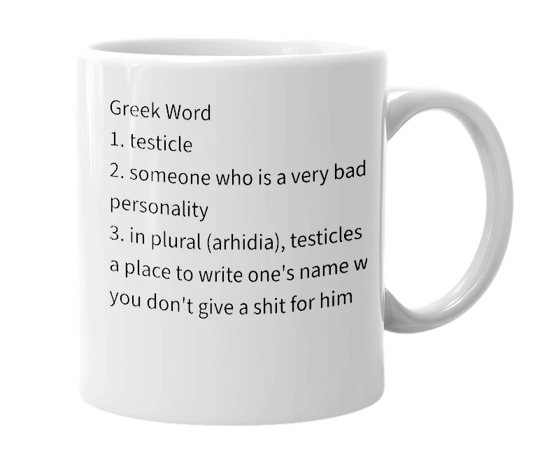 White mug with the definition of 'arhidi'