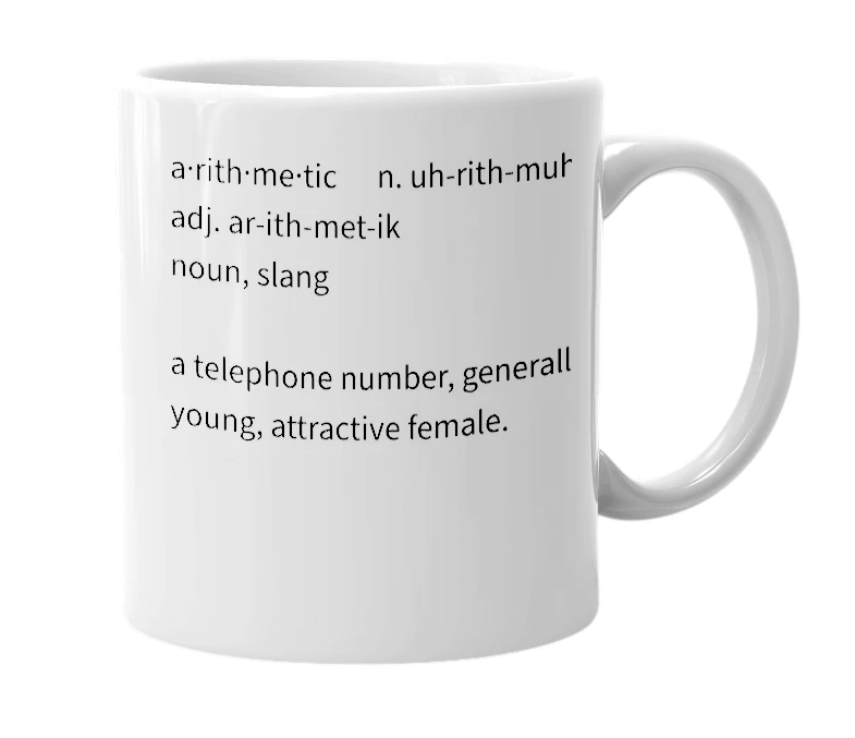 White mug with the definition of 'arithmetic'