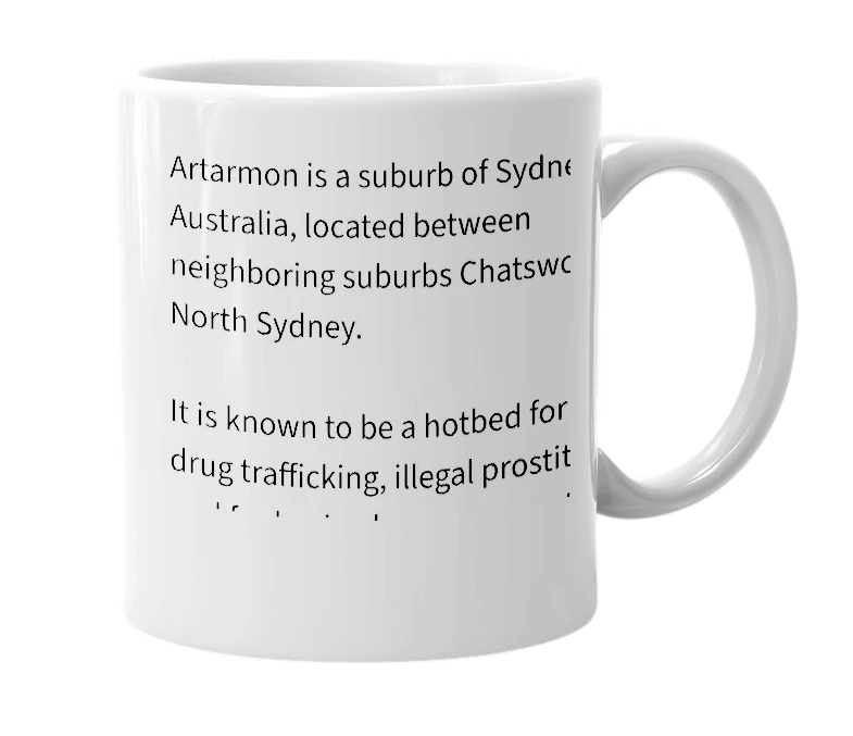 White mug with the definition of 'artarmon'