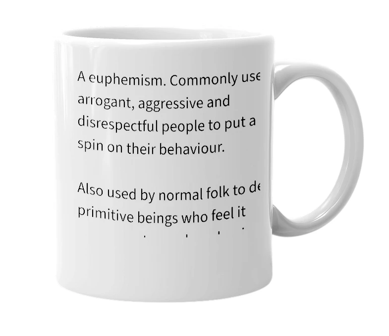 White mug with the definition of 'assertive'