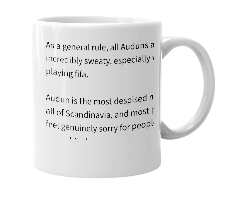 White mug with the definition of 'audun'