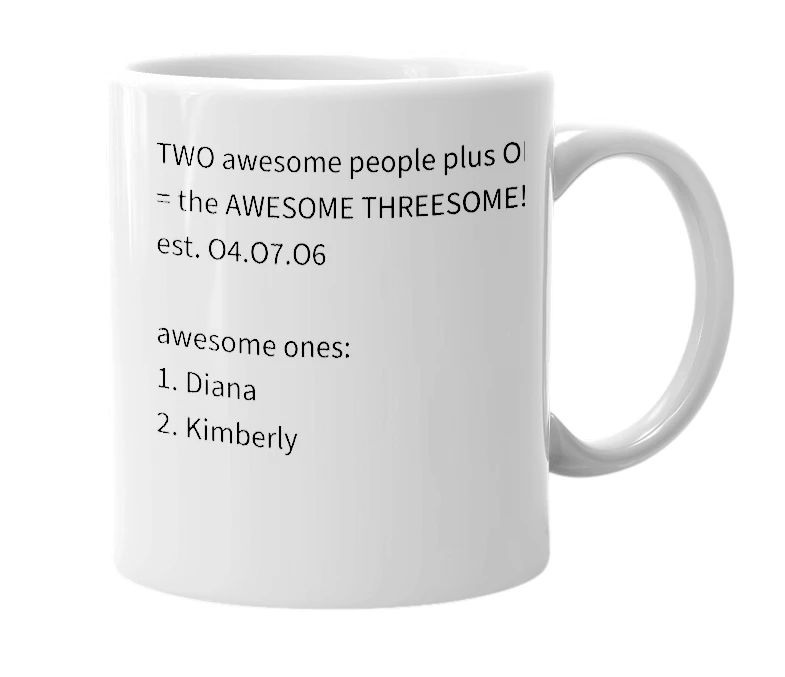 White mug with the definition of 'awesome threesome'