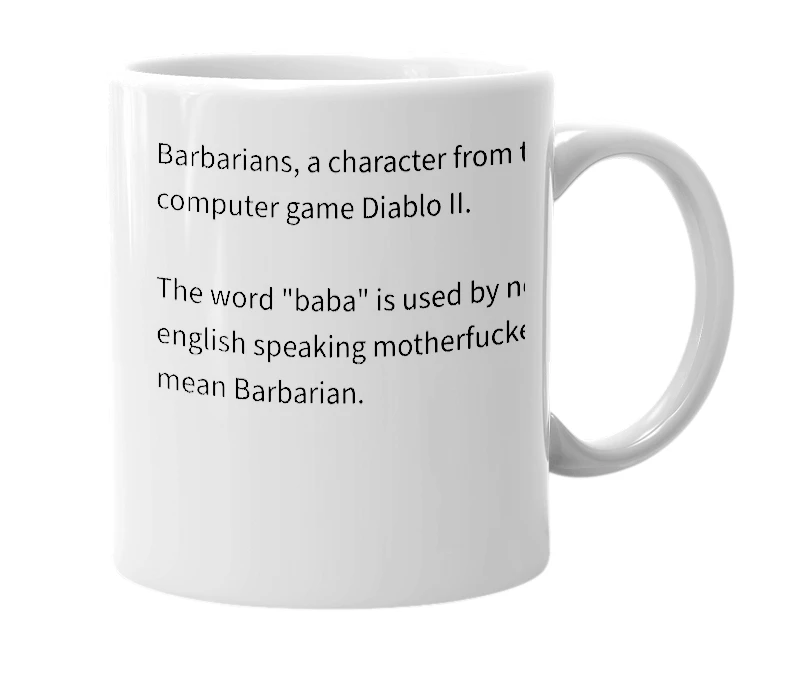 White mug with the definition of 'babas'