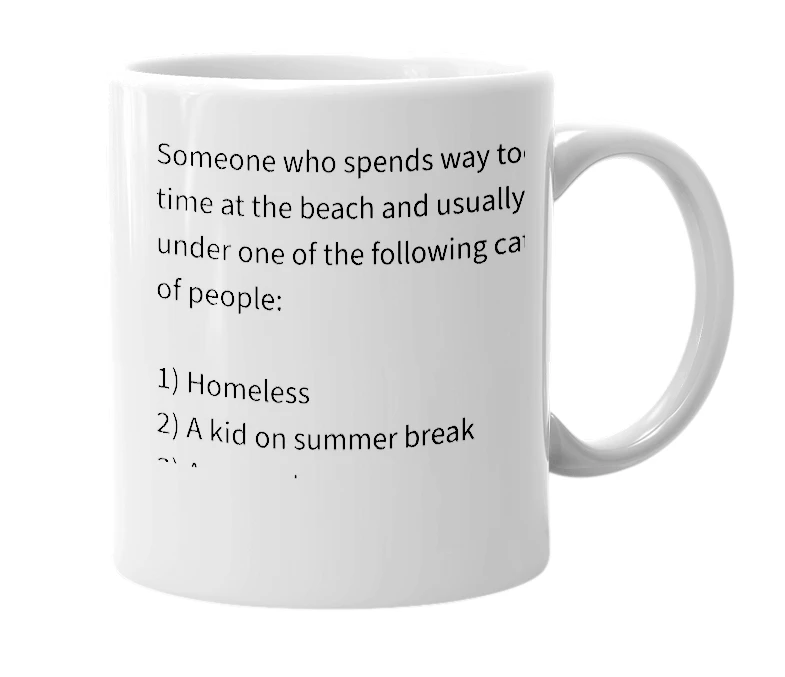 White mug with the definition of 'beach bum'