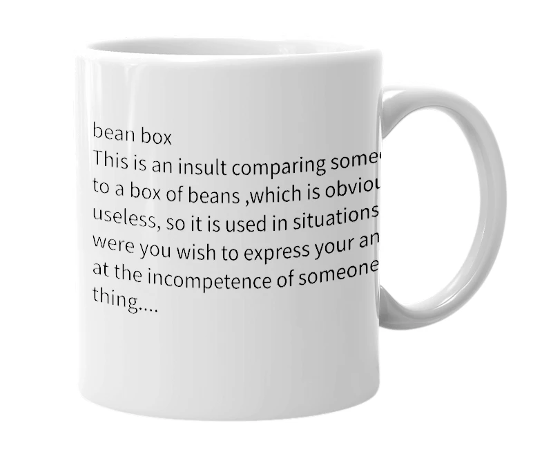 White mug with the definition of 'bean box'