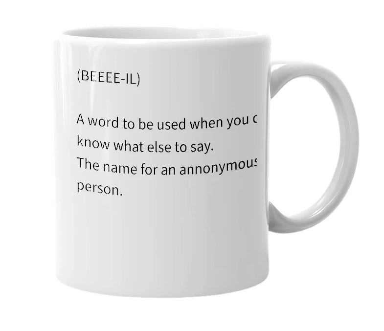 White mug with the definition of 'beil'