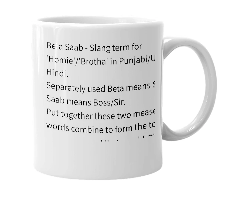 White mug with the definition of 'beta saab'