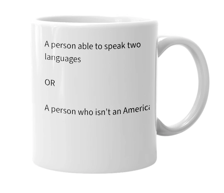 White mug with the definition of 'bi-lingual'