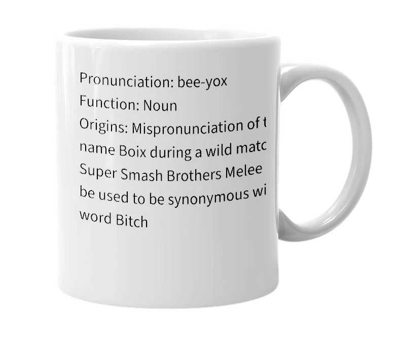 White mug with the definition of 'biox'