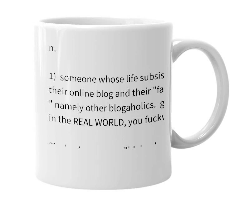 White mug with the definition of 'blogaholic'