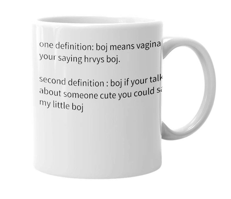White mug with the definition of 'boj'
