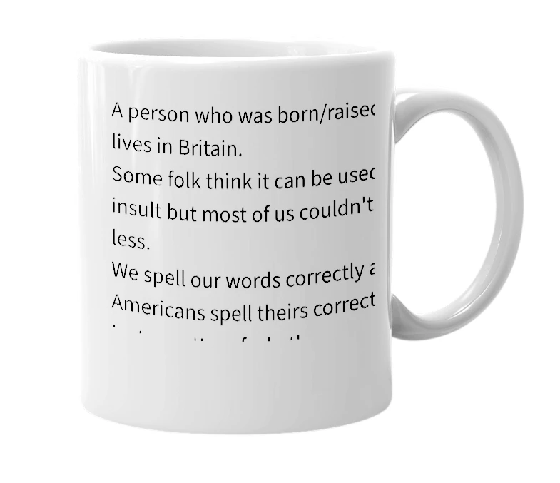 White mug with the definition of 'brit'