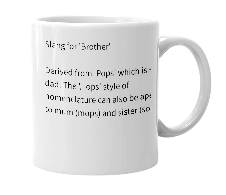White mug with the definition of 'brops'