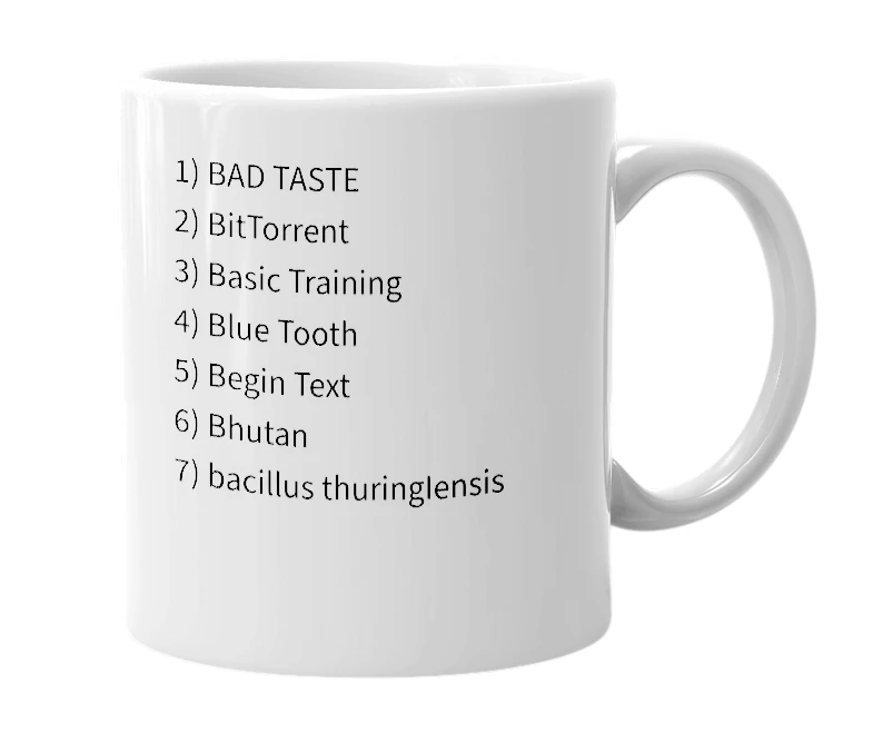 White mug with the definition of 'bt'