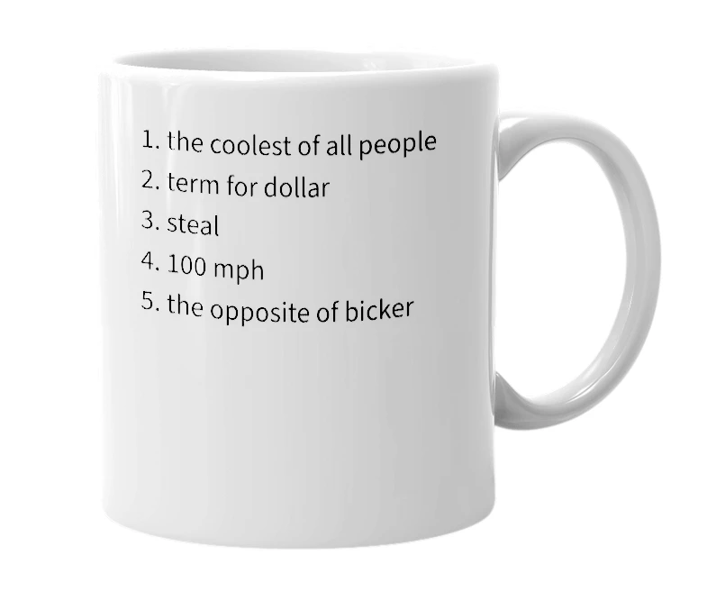 White mug with the definition of 'buck'