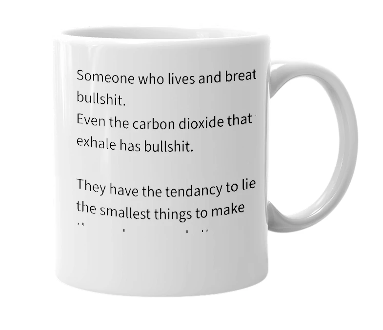 White mug with the definition of 'bullshitter'